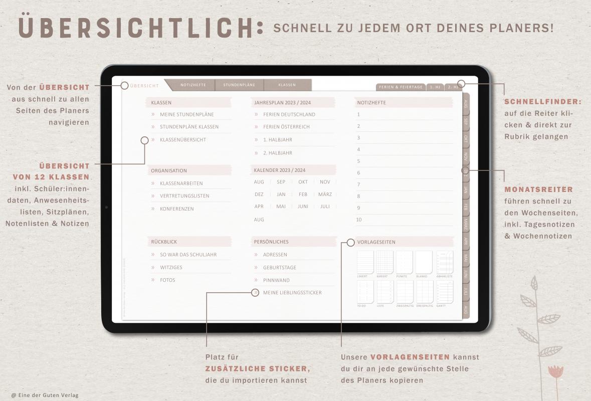 Digitaler Terminkalender 2023 2024 für Lehrerinnen & Lehrer für die Unterrichtsplanung, interaktives pdf